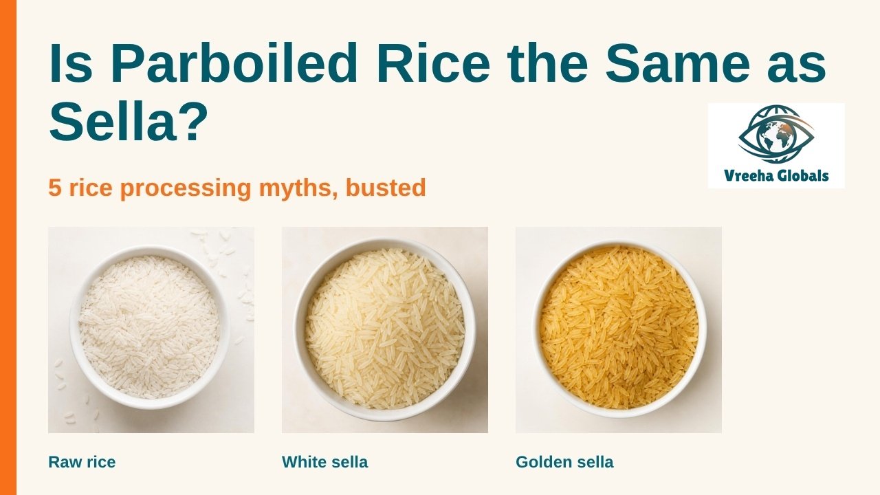 Raw rice, white sella and golden sella in bowls